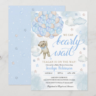 Baby Blue Cute Teddy Bear Balloons Baby Shower Invitation