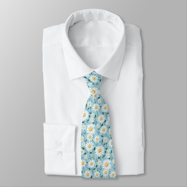 Baby Blue Daisy Floral Groomsmen Tie (Tied)