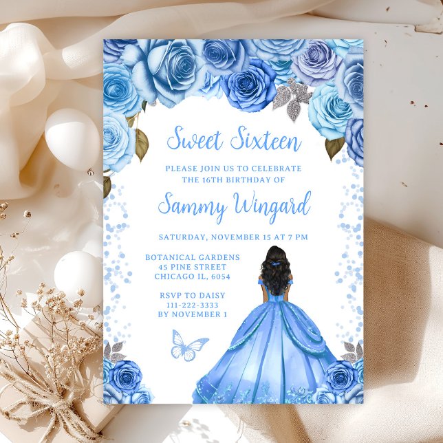 Baby Blue Dark Skin Princess Sweet Sixteen Invitation (Creator Uploaded)