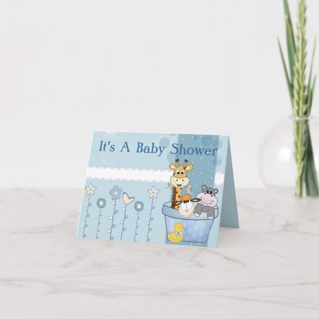 Baby Blue Dots Animals Flowers Baby Shower Invitation (Front)