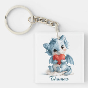 Baby Blue Dragon with Red Heart and Custom Name Keychain