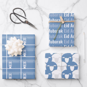 Baby Blue Eid Adha Mubarak Kaaba Sheep Pattern Wrapping Paper Sheet