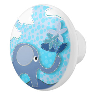 Baby Blue Elephant and Flower Nursery Ceramic Knob