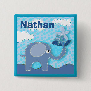 Baby Blue Elephant and Flower Personalised Kids 2 Inch Square Button