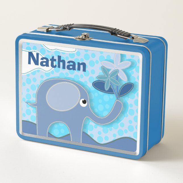 Baby Blue Elephant and Flower Personalised Kids Metal Lunch Box (Front)