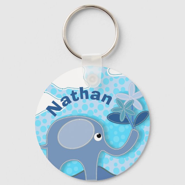 Baby Blue Elephant and Flower Personalized Keychain (Front)