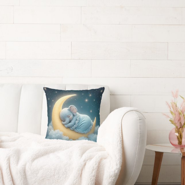 Baby Blue Elephant Sleeping on a Crescent Moon Throw Pillow (Couch)