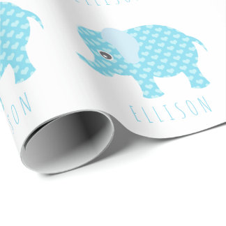 Baby Blue Elephants Pattern Boys Baby Shower Name Wrapping Paper