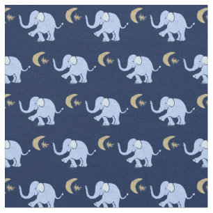 Baby Blue Elephants with Moon and Star on Blue Fabric