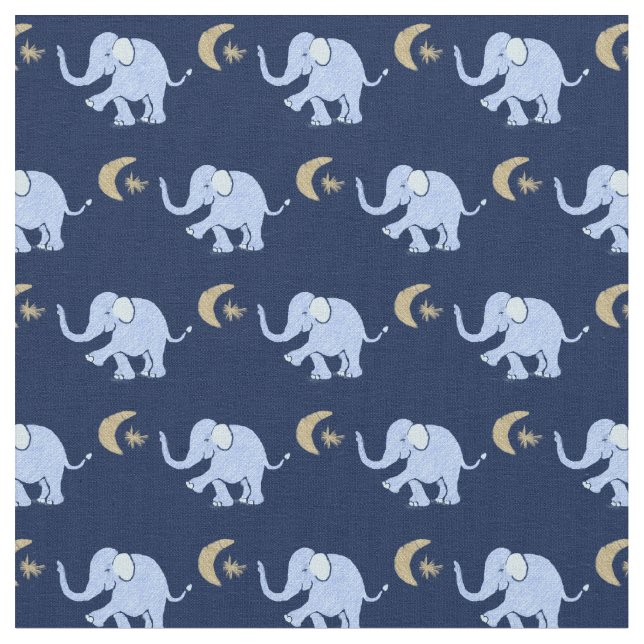 Baby Blue Elephants with Moon and Star on Blue Fabric (Close Up)