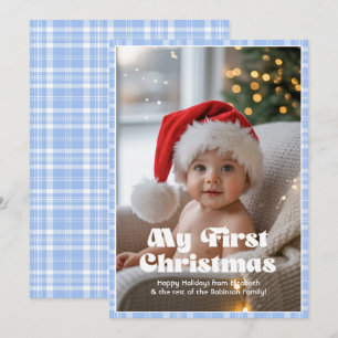 Baby Blue Eyes Gingham My First Christmas Baby Holiday Card