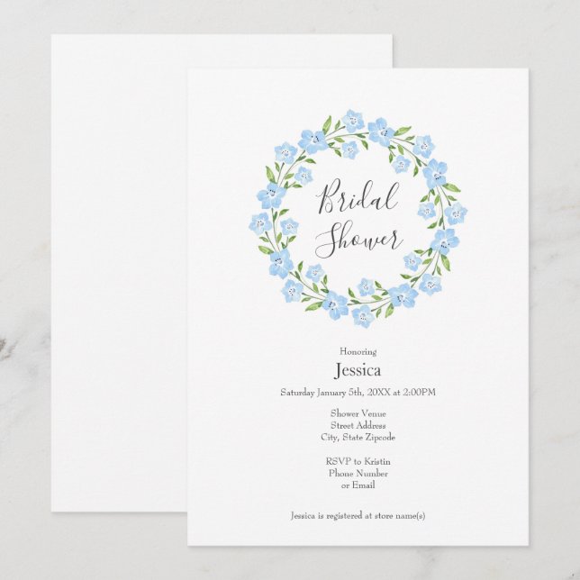 Baby Blue Eyes Watercolor Floral Wreath  Invitation (Front/Back)