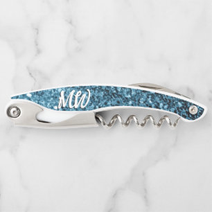 Baby blue faux glitter sparkles Monogram Corkscrew