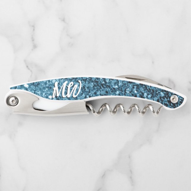 Baby blue faux glitter sparkles Monogram Corkscrew (Front)