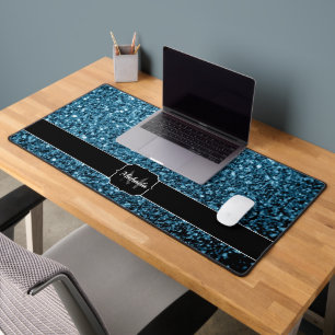 Baby blue faux glitter sparkles Monogram Desk Mat