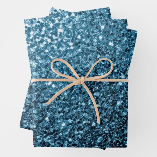 Baby blue faux glitter sparkles wrapping paper sheet (In situ)