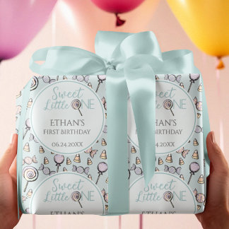 Baby Blue First 1st Birthday Candy Theme  Wrapping Paper