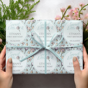 Baby Blue First 1st Birthday Candy Theme  Wrapping Paper