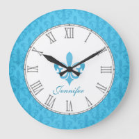 Baby blue fleur de lis damask name wall clock