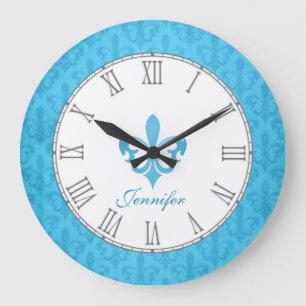 Baby blue fleur de lis damask name wall clock