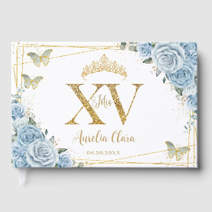 Baby Blue Floral Butterflies Gold Quinceañera XV Guest Book