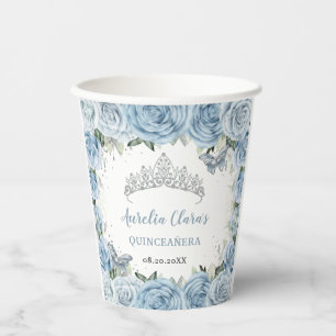 Baby Blue Floral Butterflies Tiara QUINCEAÑERA Paper Cups