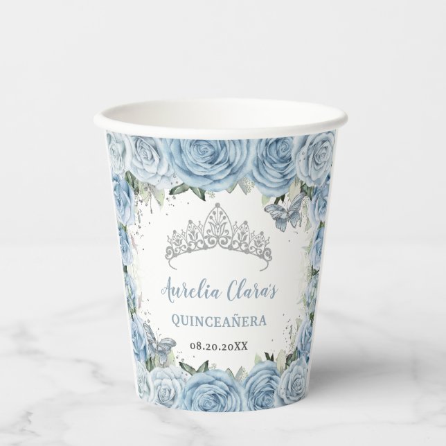 Baby Blue Floral Butterflies Tiara QUINCEAÑERA  Paper Cups (Front)