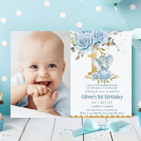 Baby Blue Floral Cute Elephant 1st Birthday Photo