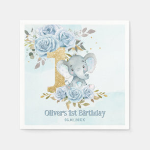 Baby Blue Floral Cute Elephant Boy 1st Birthday Napkin