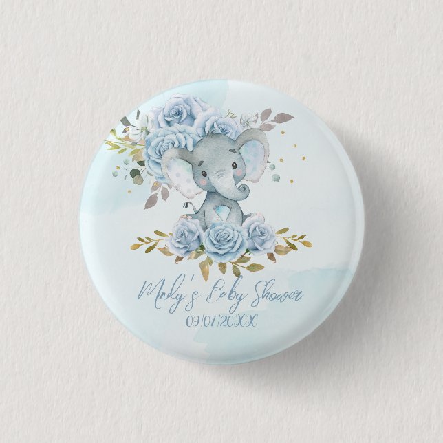 Baby Blue Floral Cute Elephant Boy Baby Shower 1 Inch Round Button (Front)