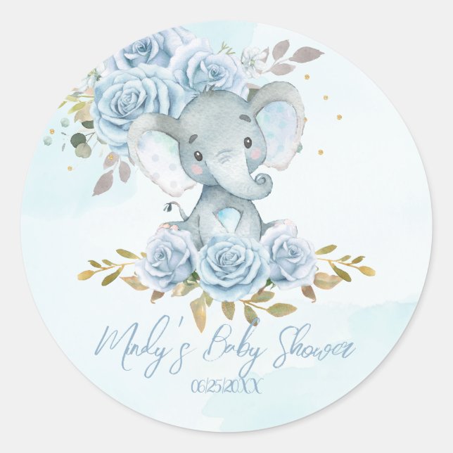Baby Blue Floral Cute Elephant Boy Baby Shower Cla Classic Round Sticker (Front)
