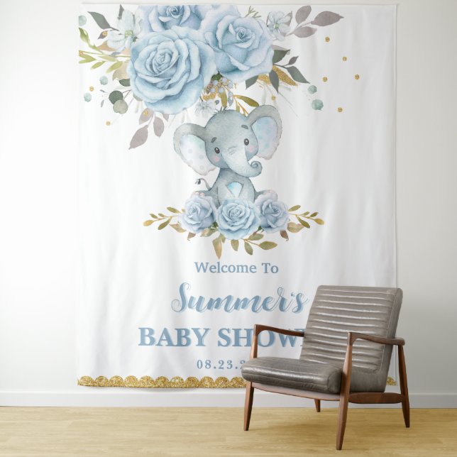 Baby Blue Floral Cute Elephant Boy Baby Shower Tapestry (In Situ)