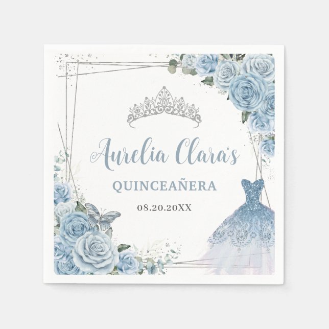 Baby Blue Floral Dress Gown Silver Quinceañera Napkin (Front)