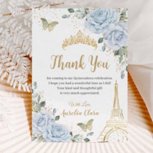 Baby Blue Floral Eiffel 16th Birthday Quinceañera  Thank You Card