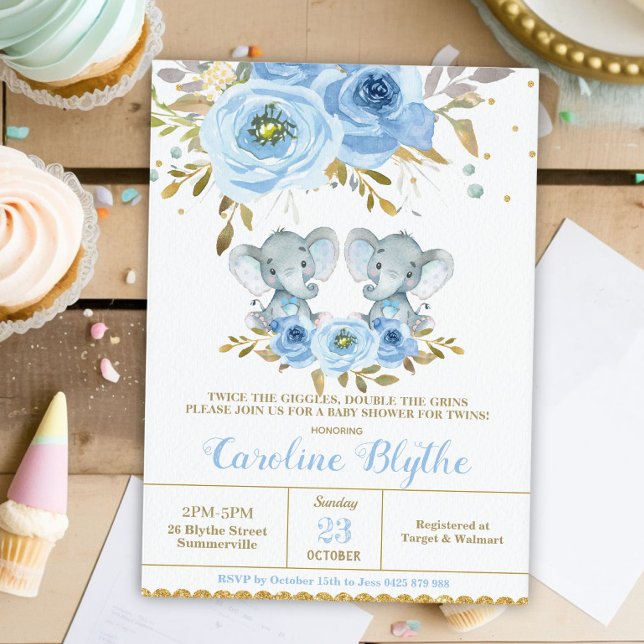 Baby Blue Floral Elephant Twin Boys Baby Shower Invitation (Creator Uploaded)