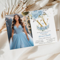Baby Blue Floral Gold XV Quinceañera Quince Photo