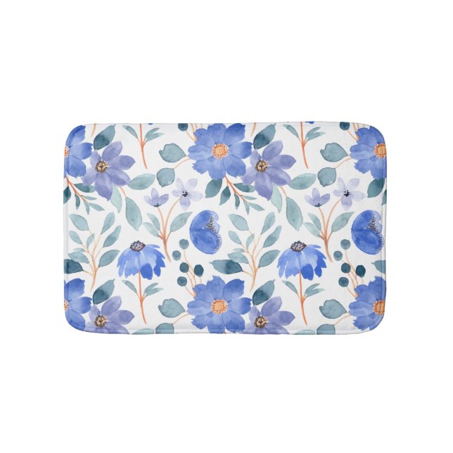 Baby Blue Floral Pattern Bath Mat (Front)