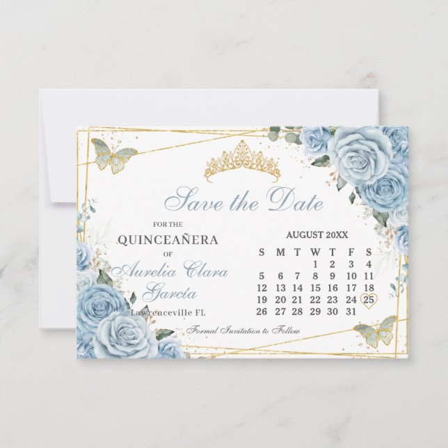 Baby Blue Floral Quinceanera Sweet 16 Calendar Save The Date (Front)
