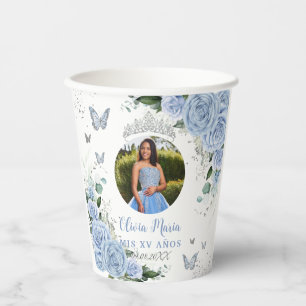 Baby Blue Floral Quinceañera Sweet 16 Photo Paper Cups