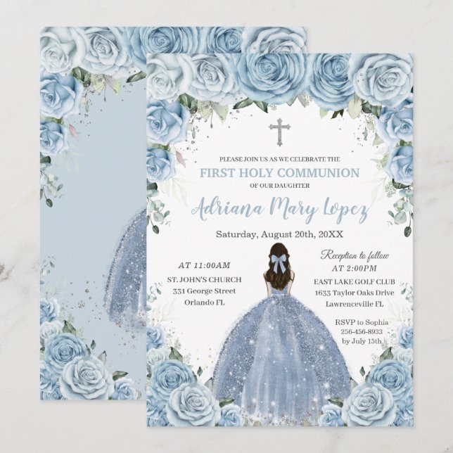 Baby Blue Floral Rose Girl Silver First Communion  Invitation (Front/Back)