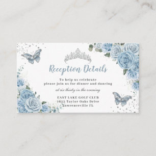 Baby Blue Floral Rose Silver Quinceañera Reception Enclosure Card