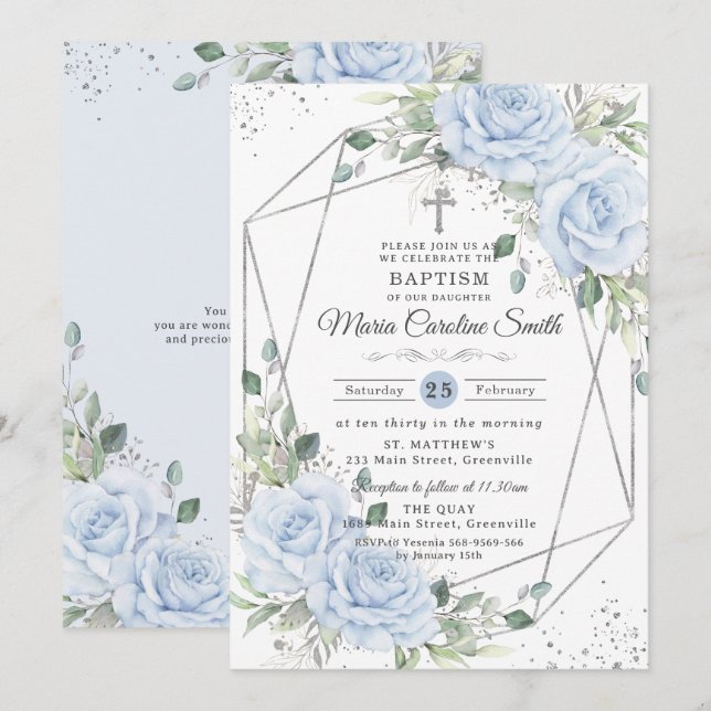 Baby Blue Floral Silver Baptism Christening  Invitation (Front/Back)