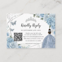 Baby Blue Floral Silver Quinceañera QR Code RSVP