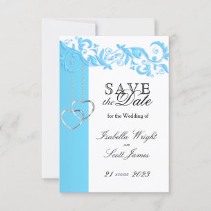 Baby Blue Floral Swirl and White -  Save The Date