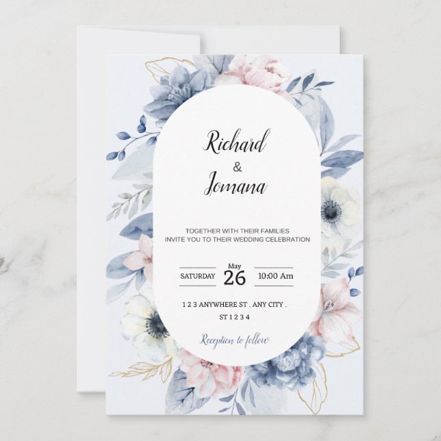 Baby blue floral wedding invitation (Front)