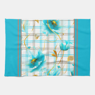 Baby Blue Flowers On A Plaid Background Kitchen Towel