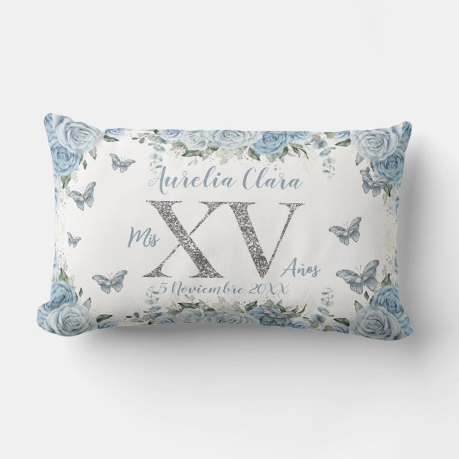 Baby Blue Flowers Silver Quinceañera Sweet 15 XV Lumbar Pillow (Front)