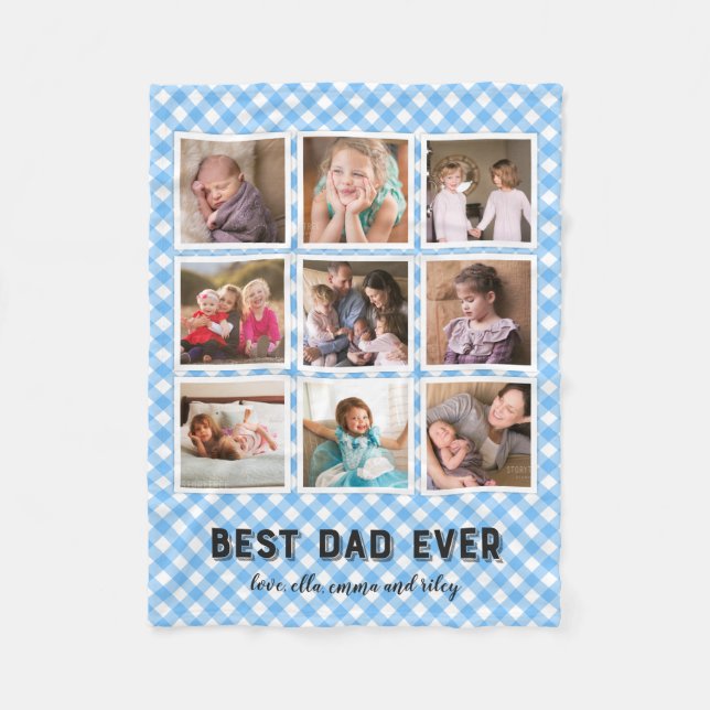 Baby Blue Gingham Best Dad Ever Photo Collage Fleece Blanket (Front)