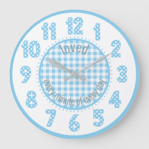 Baby Blue Gingham Polka Dot Numbers Nursery Clock