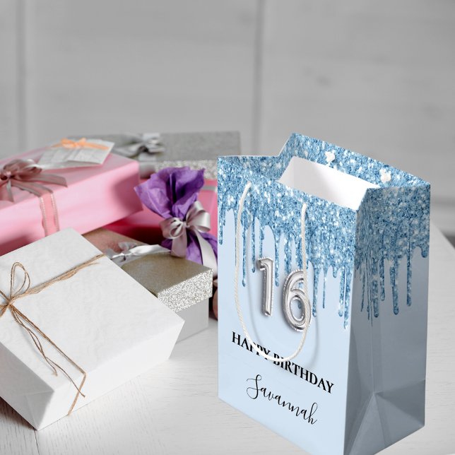 Baby blue glitter drips name Sweet 16 Medium Gift Bag (Creator Uploaded)